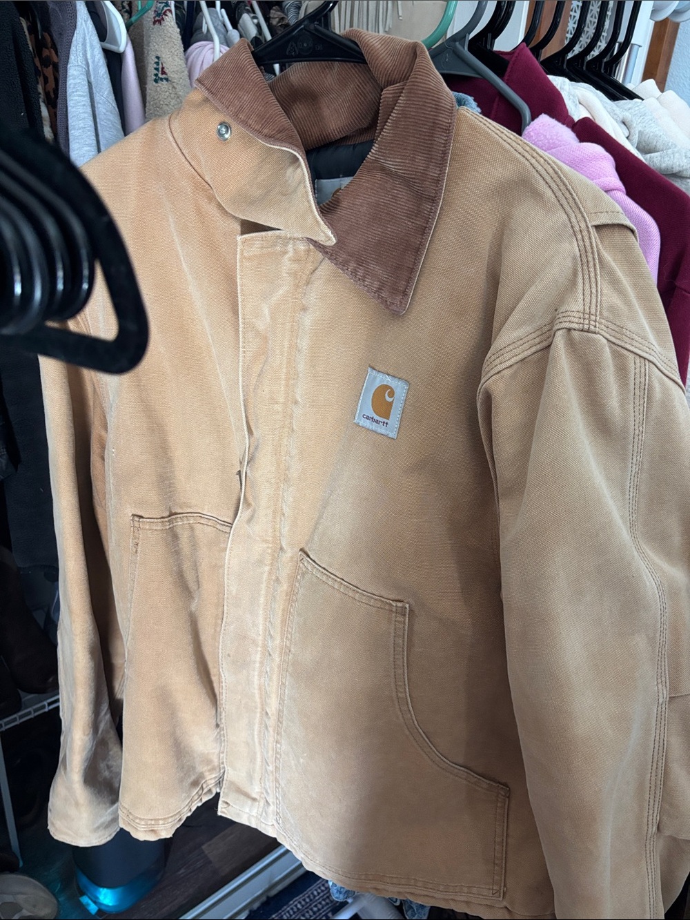 Carhartt Tan Duck Canvas Work Jacket with Brown Corduroy Collar